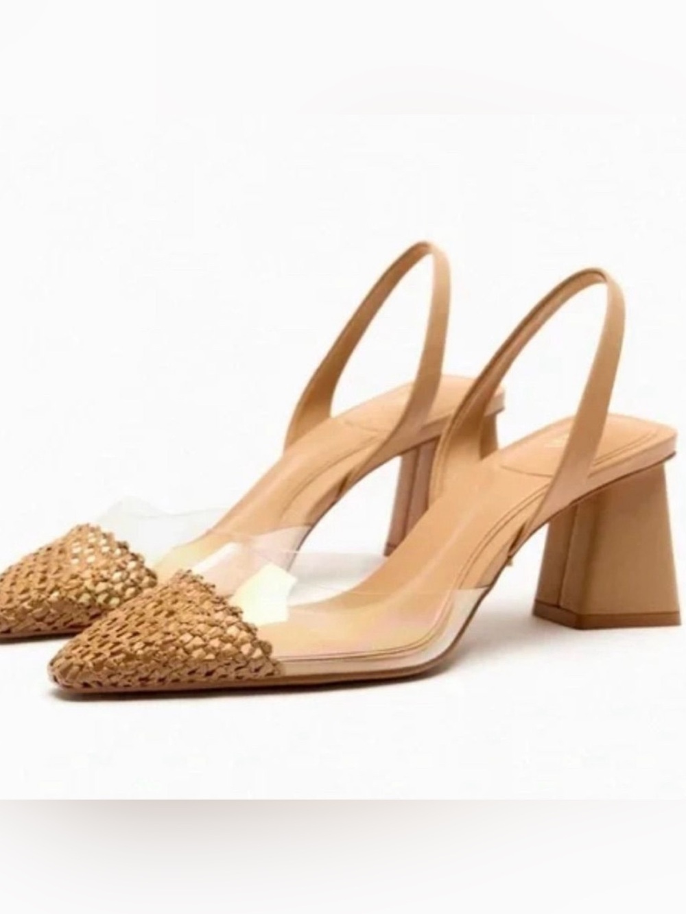 ZARA Heeled Slingback Clear Straw Textured Heels Size 9.5